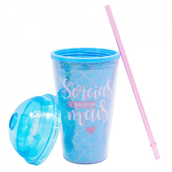 Copo Tampa Oval Azul Sereia 450ml