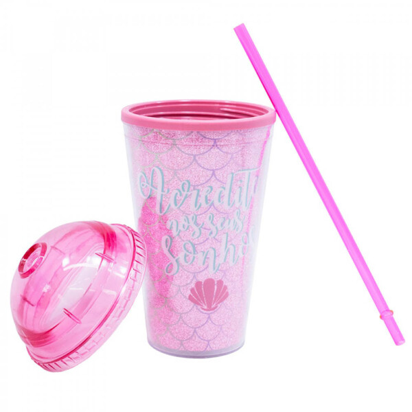 Copo Tampa Oval Rosa Sereia 450ml